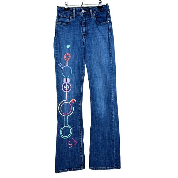 Upcycled Hand-Embroidered Levis Women's Size 28 Hi-Rise Bootcut Crop Circle